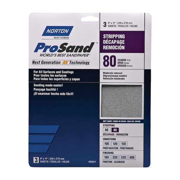 Norton Abrasives Norton ProSand 11 in. L X 9 in. W 80 Grit Aluminum Oxide Sandpaper 3 pk 7660768163 - main